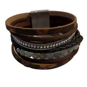 Boho Multicolor Faux Leather Wrap Bracelet Crystal‎ Bead Detail Magnetic Clasp